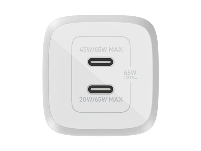 Belkin - 65W Dual USB-C Wall Charger Fast Charging 3.0 w/ GaN Technology for iPhone MacBook Galaxy Nintendo Switch 2  More - White
