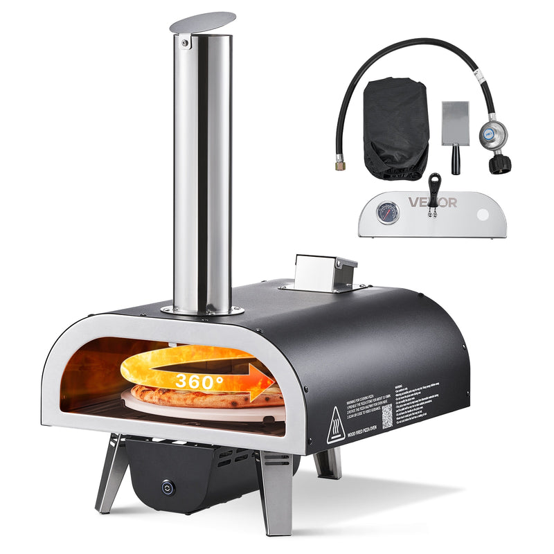 VEVOR Dual Fuel Pizza Oven Outdoor 12 in Wood Fire and Propane Gas Pizza Oven Pellet and Propane Pizza-Maker with Thermometer Iron Spray Electric Rotation Pizza-Cook for Outside Camping and Backyard
