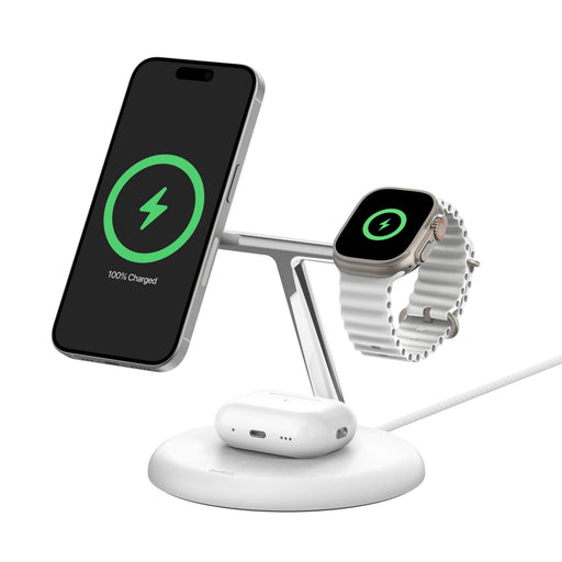Belkin - 3-in-1 Stand 15W Qi2 Wireless Charger Fast Charging for iPhone 17 AirPods Apple Watch  More (36W Included) - White