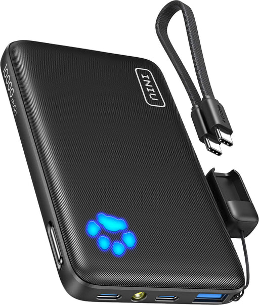 INIU - Portable Charger Compact 10000mAh PD 45W Power Bank with Lanyard USB-C Cable for iPhone Samsung Pixel iPad etc - Black