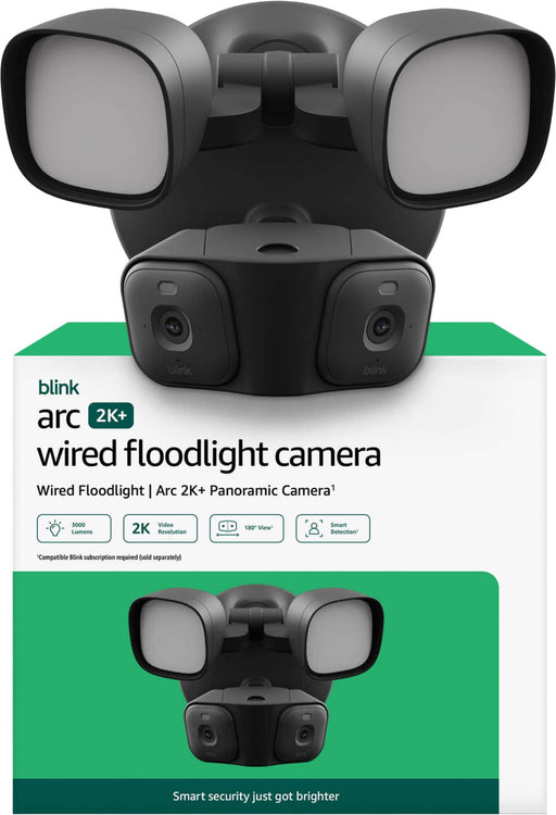 Blink - Arc 2K+ Wired Floodlight Camera (newest model) — Wired smart security 2K 180 coverage  2 cam 1 mount - Black