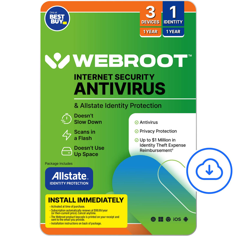 Webroot - Internet Security  Allstate Identity Protection (3 Devices/1 Identity) (1-Year Subscription  Auto Renewal) - Android Apple iOS Chrome Mac OS Windows [Digital]