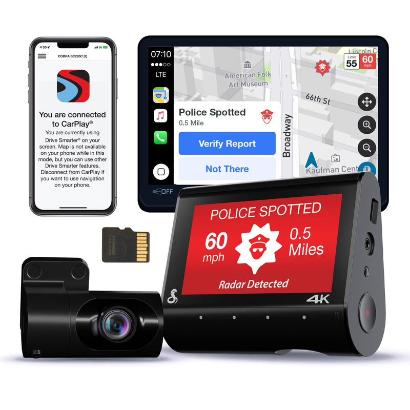 Cobra - SC 250R 4K Dual-View Front  Rear Dash Cam works with Apple CarPlay/Android Auto - Black