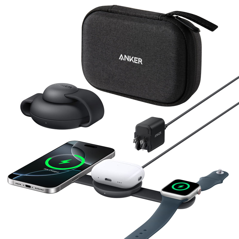 Anker - MagGo Wireless Charging Station (3-in-1 Foldable Pad with Travel Case Included) - Black