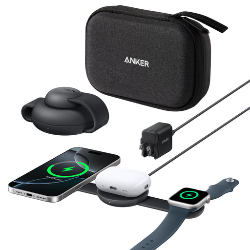 Anker - MagGo Wireless Charging Station (3-in-1 Foldable Pad with Travel Case Included) - Black