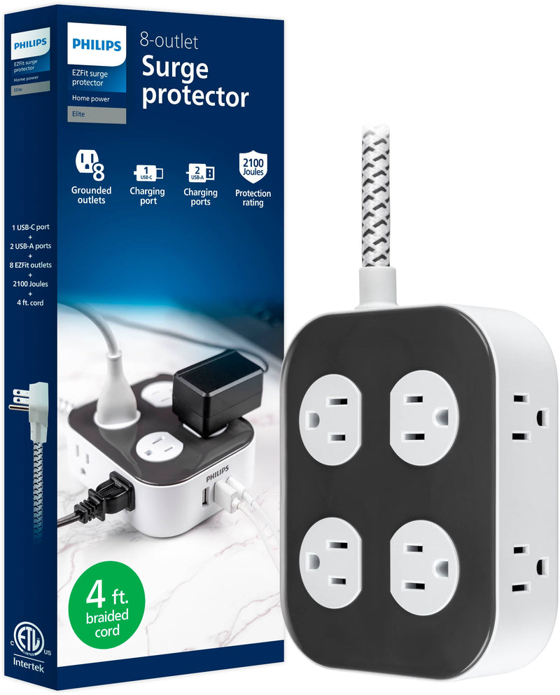 Philips - Surge Protector 8 Grounded Outlets 2 USB-A 1 USB-C 2100J Braided Cord 4ft - Dark Gray  Arctic White