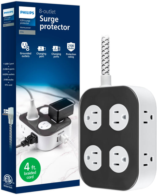 Philips - Surge Protector 8 Grounded Outlets 2 USB-A 1 USB-C 2100J Braided Cord 4ft - Dark Gray  Arctic White