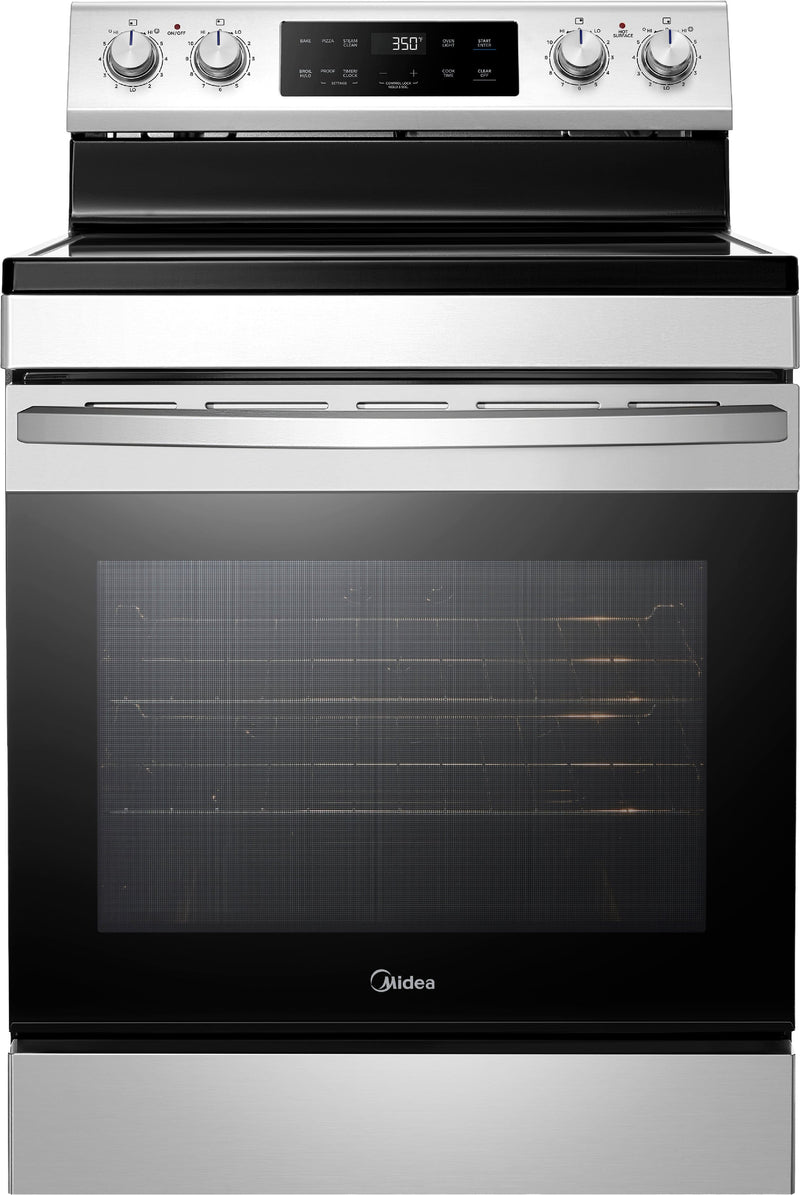 Midea - 6.3 cu. ft. 4-Element 30" Freestanding Electric Range with Steam Clean Hidden Bake Element - Stainless Steel