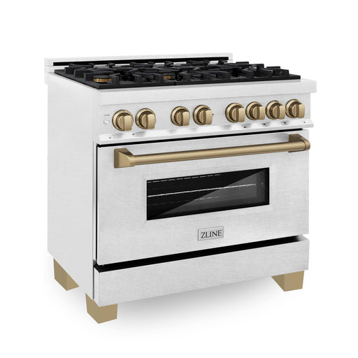 ZLINE - Autograph 36" Legacy Dual Fuel Range in DuraSnow Steel  Bronze Accents (RASZ-SN-36-CB) - Stainless Steel