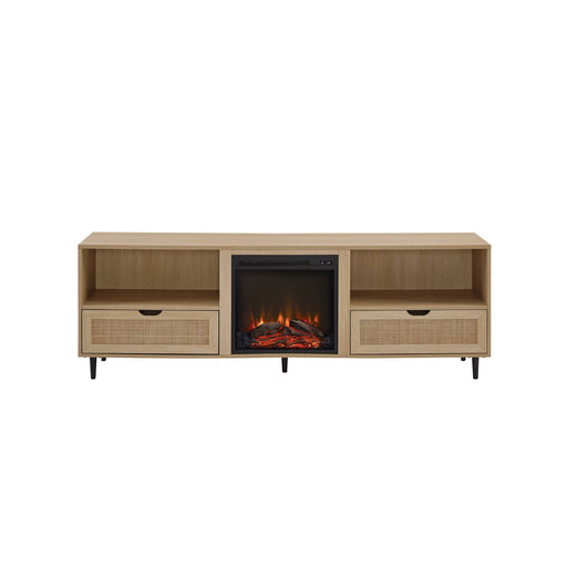 Walker Edison - Boho Rattan-Door Electric Fireplace Console - Coastal Oak