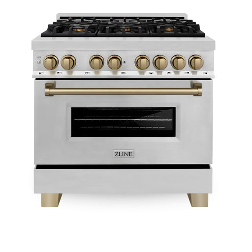 ZLINE - Autograph 36 in. 4.6 cu. ft. Legacy Freestanding Dual Fuel Range with  6 Burners  Convection Oven w/ Bronze Accents - Stainless Steel/Champagne Bronze Accents