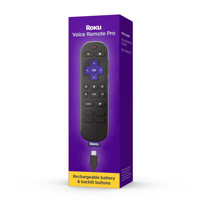 Roku - Voice Remote Pro (2nd Edition)  Rechargeable Replacement Voice Remote Backlit Buttons  Hands-Free Voice Controls - Black