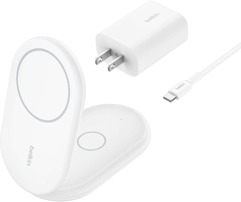 Belkin - 2-in-1 Magnetic Foldable Wireless Charger with Qi2 15W Stand MagSafe Compatible for iPhone  AirPods - White