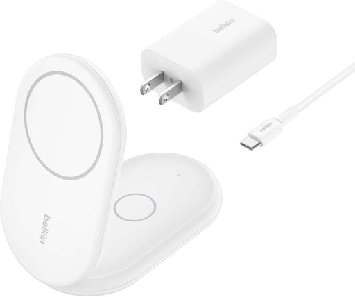 Belkin - 2-in-1 Magnetic Foldable Wireless Charger with Qi2 15W Stand MagSafe Compatible for iPhone  AirPods - White