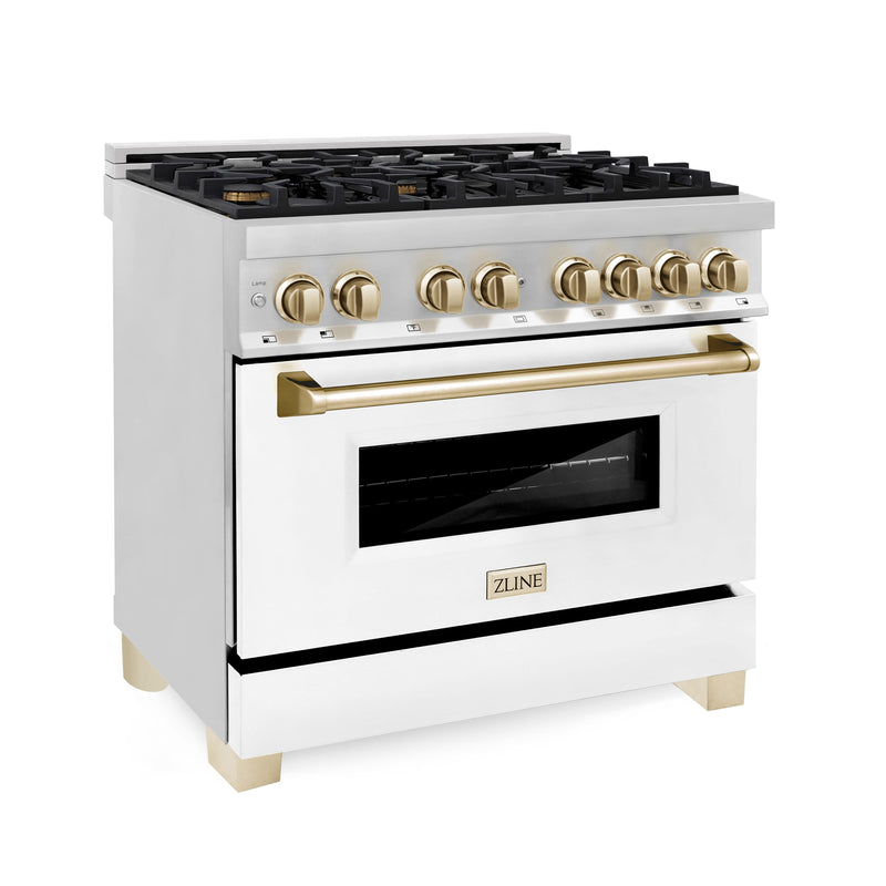 ZLINE - Autograph 36" Legacy Dual Fuel Range w/ 6 Burners  White  Gold Accents (RAZ-WM-36-G) - Stainless Steel