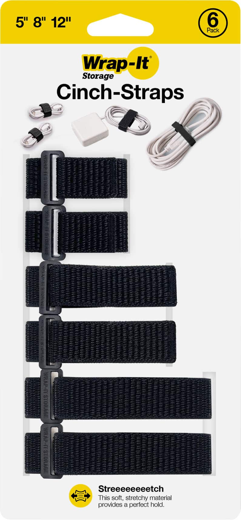 Wrap-It Storage - Cinch-Straps Assorted 6-Pack (5" 8" 12") - Black