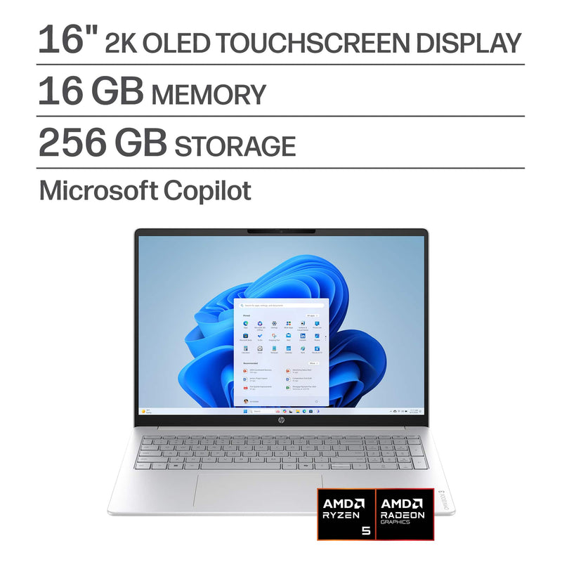HP - OmniBook 3 - 16" 2K Touchscreen Laptop - AMD Ryzen 5 40 - 16GB Memory - 256GB SSD - Glacier Silver