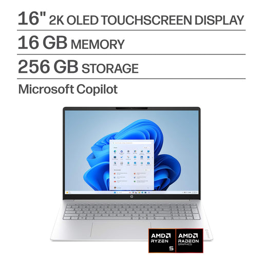 HP - OmniBook 3 - 16" 2K Touchscreen Laptop - AMD Ryzen 5 40 - 16GB Memory - 256GB SSD - Glacier Silver