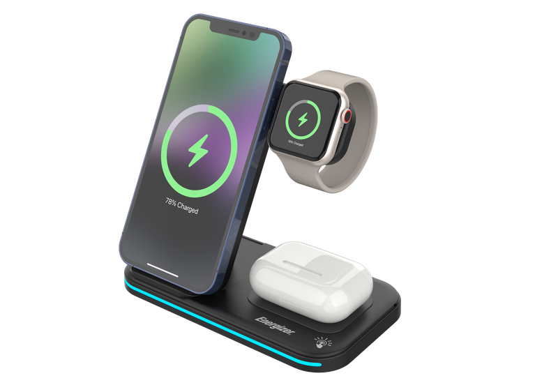 Energizer - 3-in-1 15W Foldable Qi Certified Wireless Fast 15W Charger Charging Station/Stand for iPhone + AirPods + Apple Watch - Black