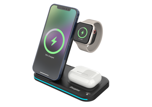 Energizer - 3-in-1 15W Foldable Qi Certified Wireless Fast 15W Charger Charging Station/Stand for iPhone + AirPods + Apple Watch - Black