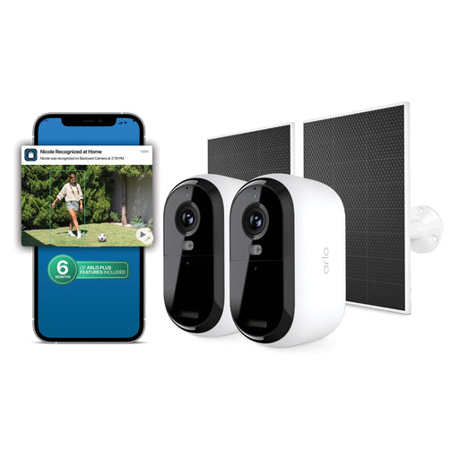 Arlo - Essential Outdoor Security Camera 2K (3rd Gen) - Wireless Rechargeable 2-Cam + 2 Solar + 6 Months Secure Plus Plan - White