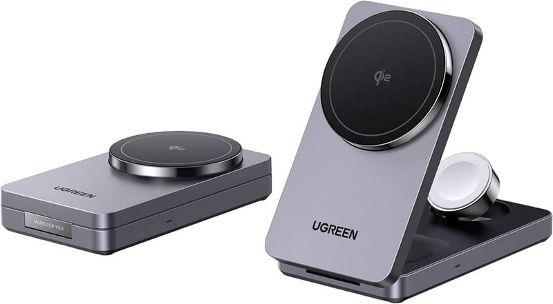 UGREEN - MagFlow Qi2 15W Magnetic Wireless Charger Foldable 3-in-1 Fast Charging Station (Includes 30W USB-C Adapter) - Black