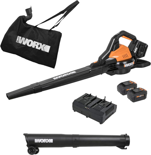 WORX - 40V 185 MPH 350 CFM Cordless Leaf Blower/Vac/Mulcher (2 x 4.0 Ah Batteries  1 x Charger) - Black