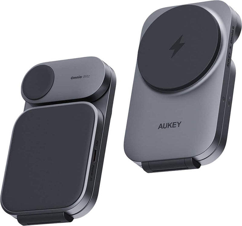 Aukey - MagFusion 3-in-1 Foldable Magnetic Wireless Charger (Qi 2.0 30W  Charging Plug) - Gray