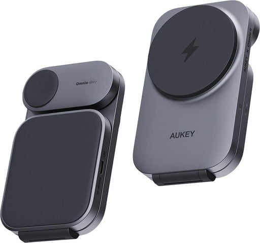 Aukey - MagFusion 3-in-1 Foldable Magnetic Wireless Charger (Qi 2.0 30W  Charging Plug) - Gray