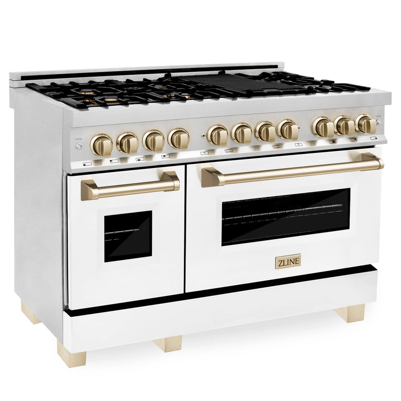 ZLINE - Autograph 48" Legacy Dual Fuel Range w/ 7 Burners  White  Gold Accents (RAZ-WM-48-G) - Stainless Steel
