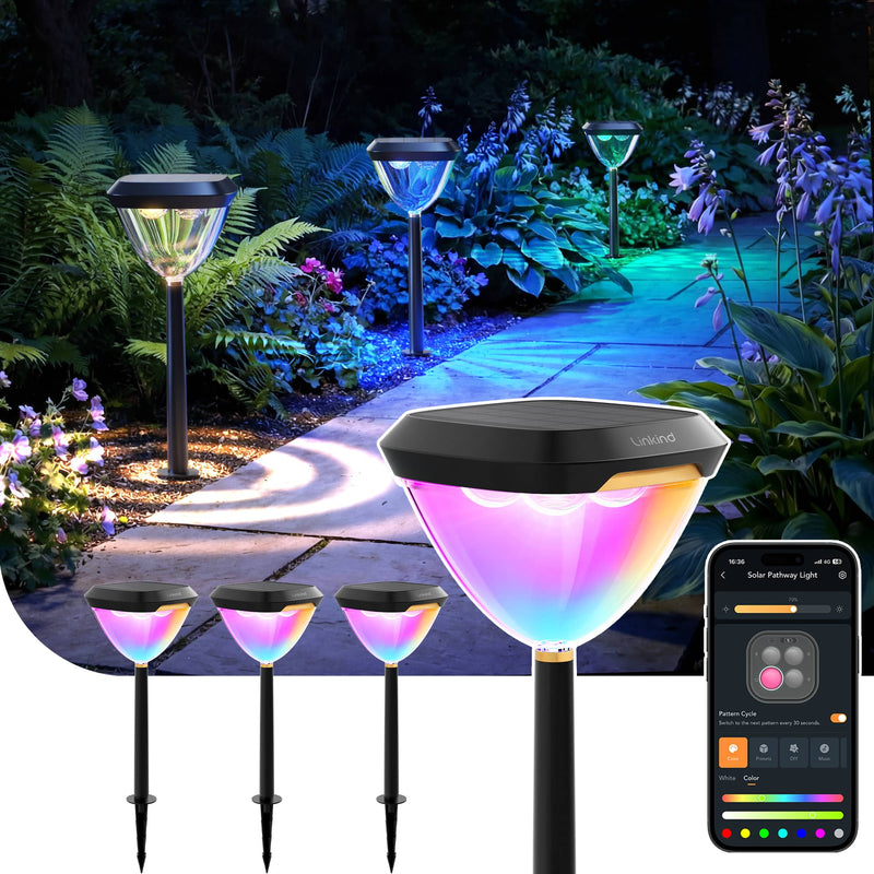 Linkind - Smart Solar Pathway Lights Outdoor APP Control Solar  Wired Charging Color Changing 4 Pack - Black
