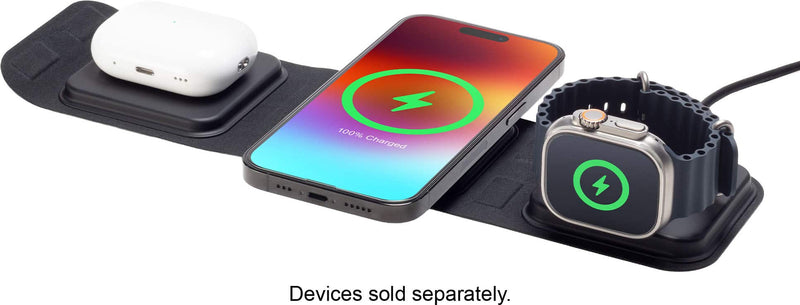 mophie - Universal Wireless 15W Wireless Charging Pad  3-in-1 Portable Travel Charger with MagSafe (Gen 2) - Black