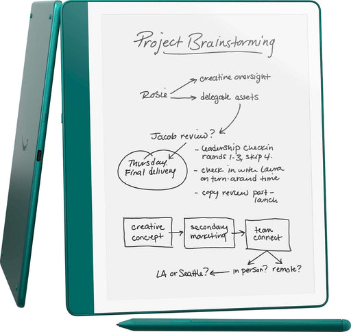 Amazon - Kindle Scribe (64GB) - Now write directly on books and documents. Built-in notebook summarization. Includes Premium Pen - 2024 - Metallic Jade