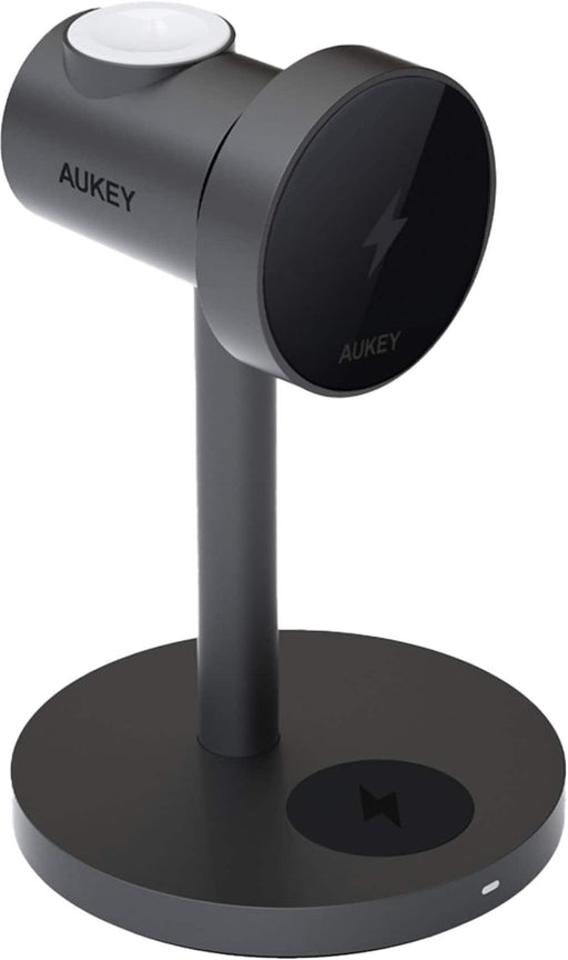 Aukey - MagFusion Magnetic Wireless Charging Station (Qi 2.0 15W 3-in-1) - Gray