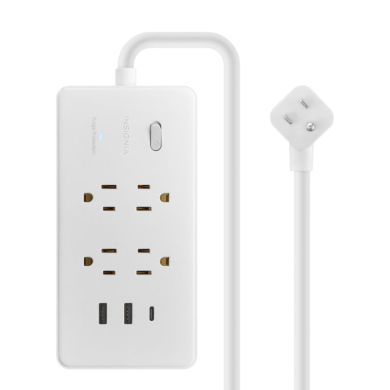 Insignia - 4-Outlet / 1-USB-C / 2-USB 1200 Joules Surge Protector Strip with 6 ft. Power Cord - White