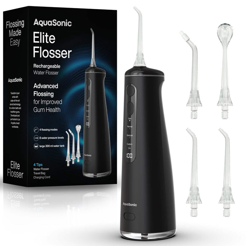 AquaSonic - Elite Flosser - Rechargeable Water Flosser with 4 Tips - Oral Irrigator with 4 Modes - Portable  Cordless - Black
