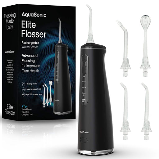 AquaSonic - Elite Flosser - Rechargeable Water Flosser with 4 Tips - Oral Irrigator with 4 Modes - Portable  Cordless - Black