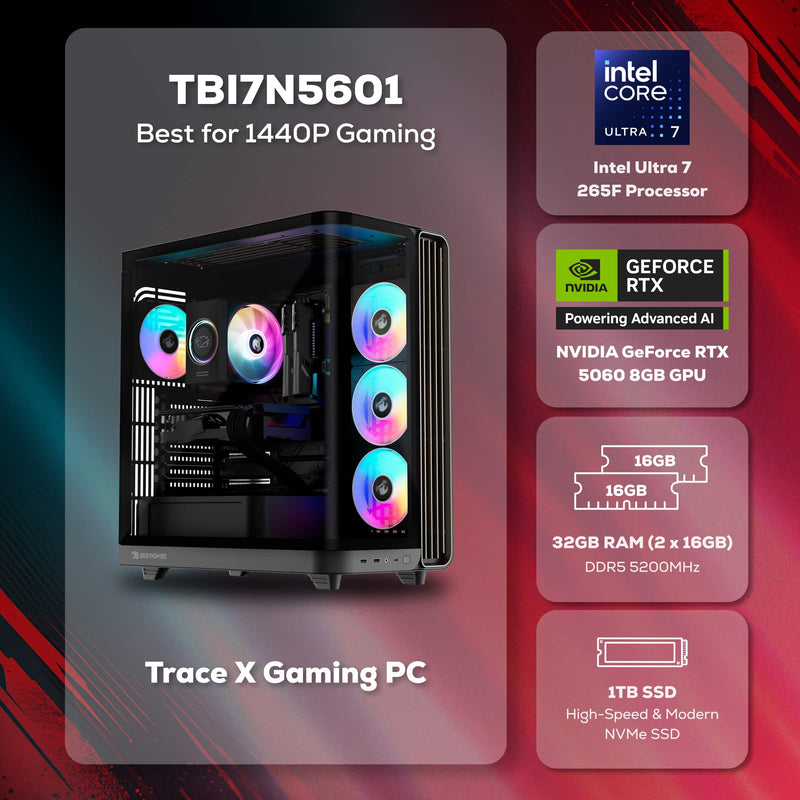 iBUYPOWER - Trace Gaming Desktop PC Intel Core Ultra 7 265F 2025 NVIDIA GeForce RTX 5060 8GB 32GB DDR5 1TB SSD Storage - Black