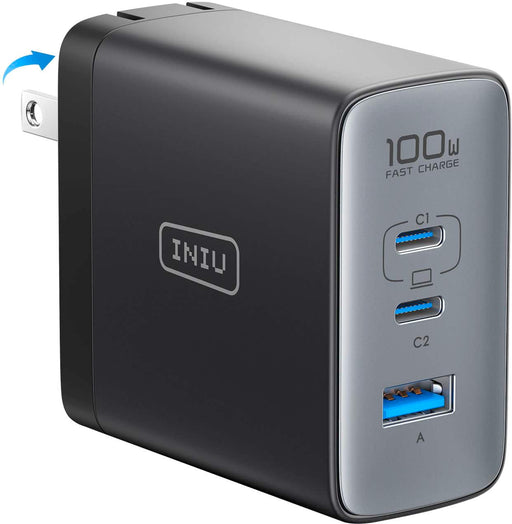 INIU - 100W USB C/A Wall Charger GaN Fast Charge with Foldable Plug for iPhone 17 16 15 14 13 Samsung Google Pixel iPad Laptop - Black