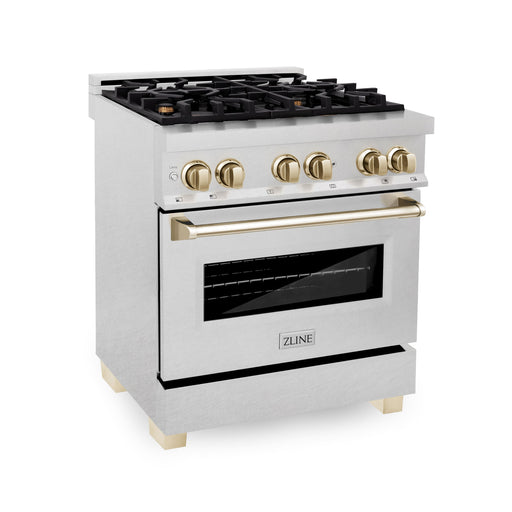 ZLINE - Autograph 30 in. Legacy Dual Fuel Range in Satin Steel  Gold Accents (RASZ-SN-30-G) - Stainless Steel