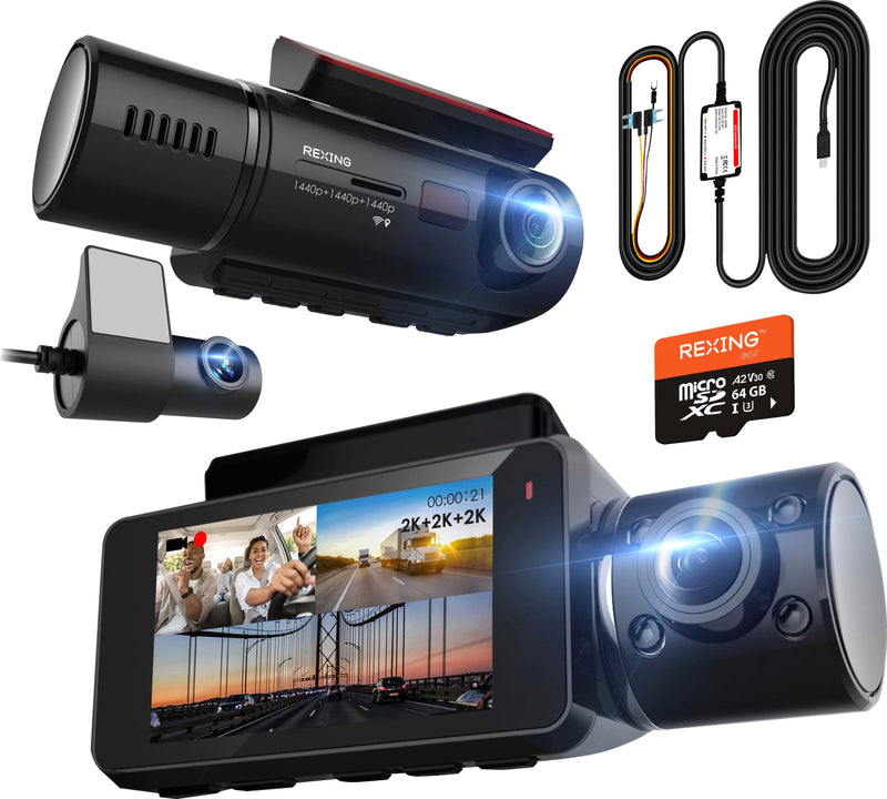 Rexing - V33 3 Channel 1440p+1440p+1440p Resolution Dashcam with Front Cabin and rear camera GPS Mobile App Parking Monitor - Black