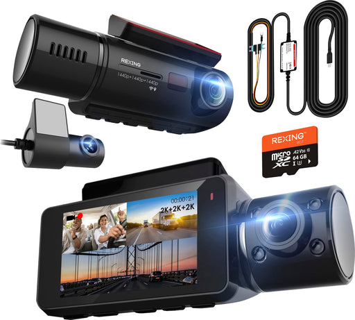 Rexing - V33 3 Channel 1440p+1440p+1440p Resolution Dashcam with Front Cabin and rear camera GPS Mobile App Parking Monitor - Black