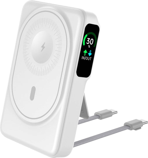 Energizer - 10000mAh 22.5W Magnetic Wireless Qi/Qi2.0/MagSafe PowerBank OLED Display Apple Watch Charger 2 Built in USB-C Cables - White