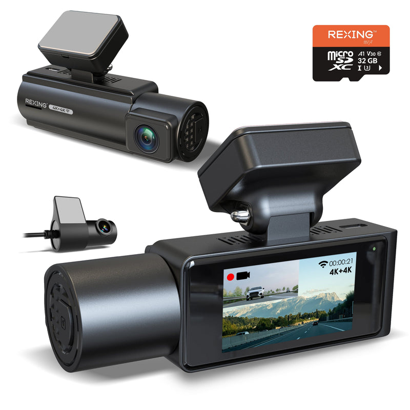Rexing - C2 Pro 4K Dual Dash Cam with Front  Rear 4K 5GHz Wi-Fi Parking Mode 32GB Card - Black
