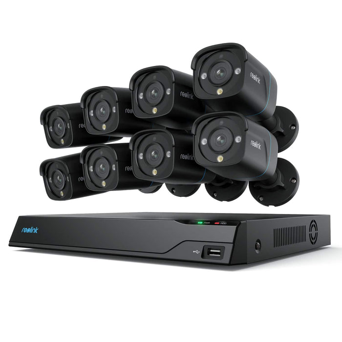 Reolink 8MP 16-ch 8 Bullet PoE Cameras with Smart Detection  Soptlight NVR System - Black  White