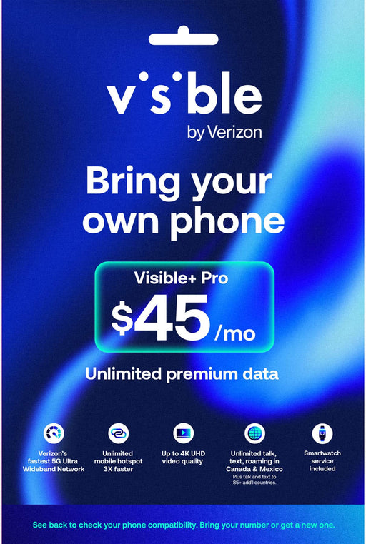 Visible - Visible+ Pro 45/mo Plan + eSIM/pSIM Kit - Unlimited 5G data included - Blue